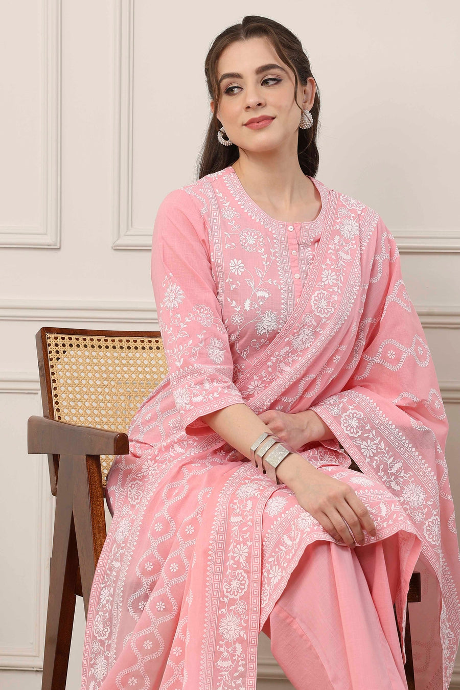 Pink & White Cotton Floral Printed Straight Suit Set KS60