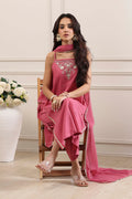 Pink Cotton Floral Sequined Yoke Straight Suit Set KS60