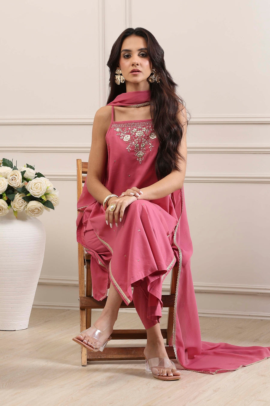 Pink Cotton Floral Sequined Yoke Straight Suit Set KS60
