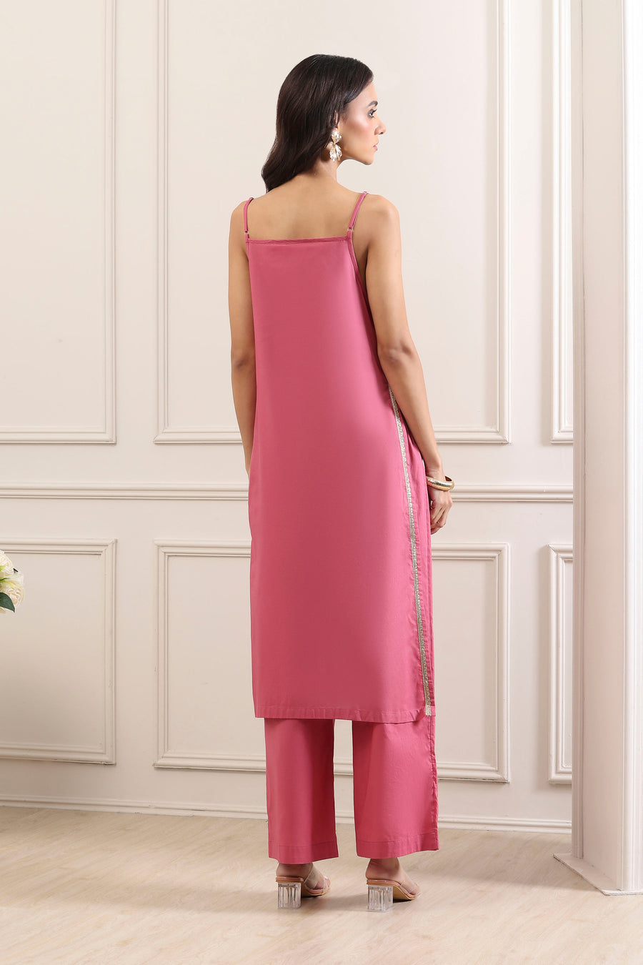 Pink Cotton Floral Sequined Yoke Straight Suit Set KS60