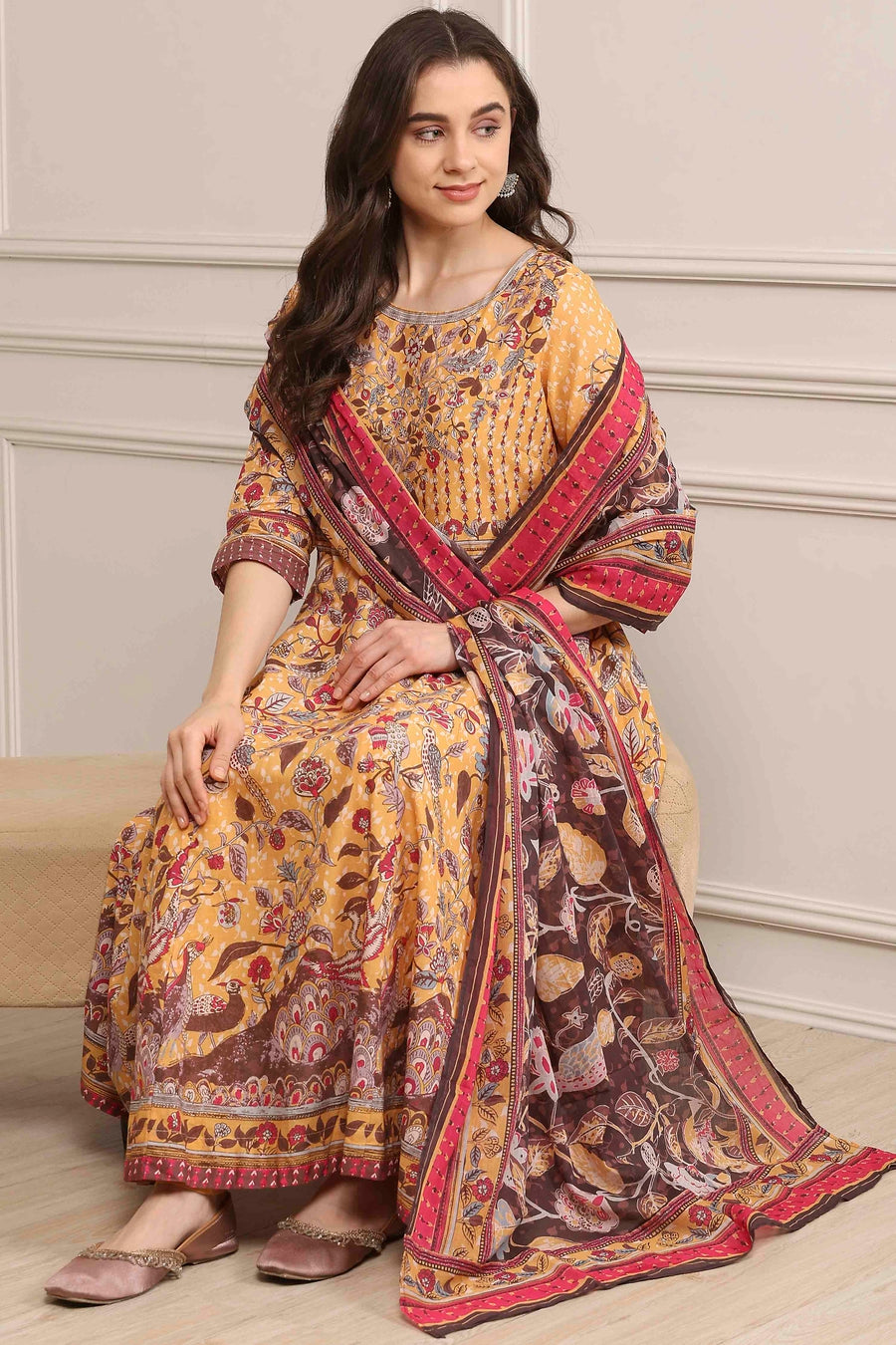 Yellow Cotton Anarkali Kurta Churidar Suit Set A34