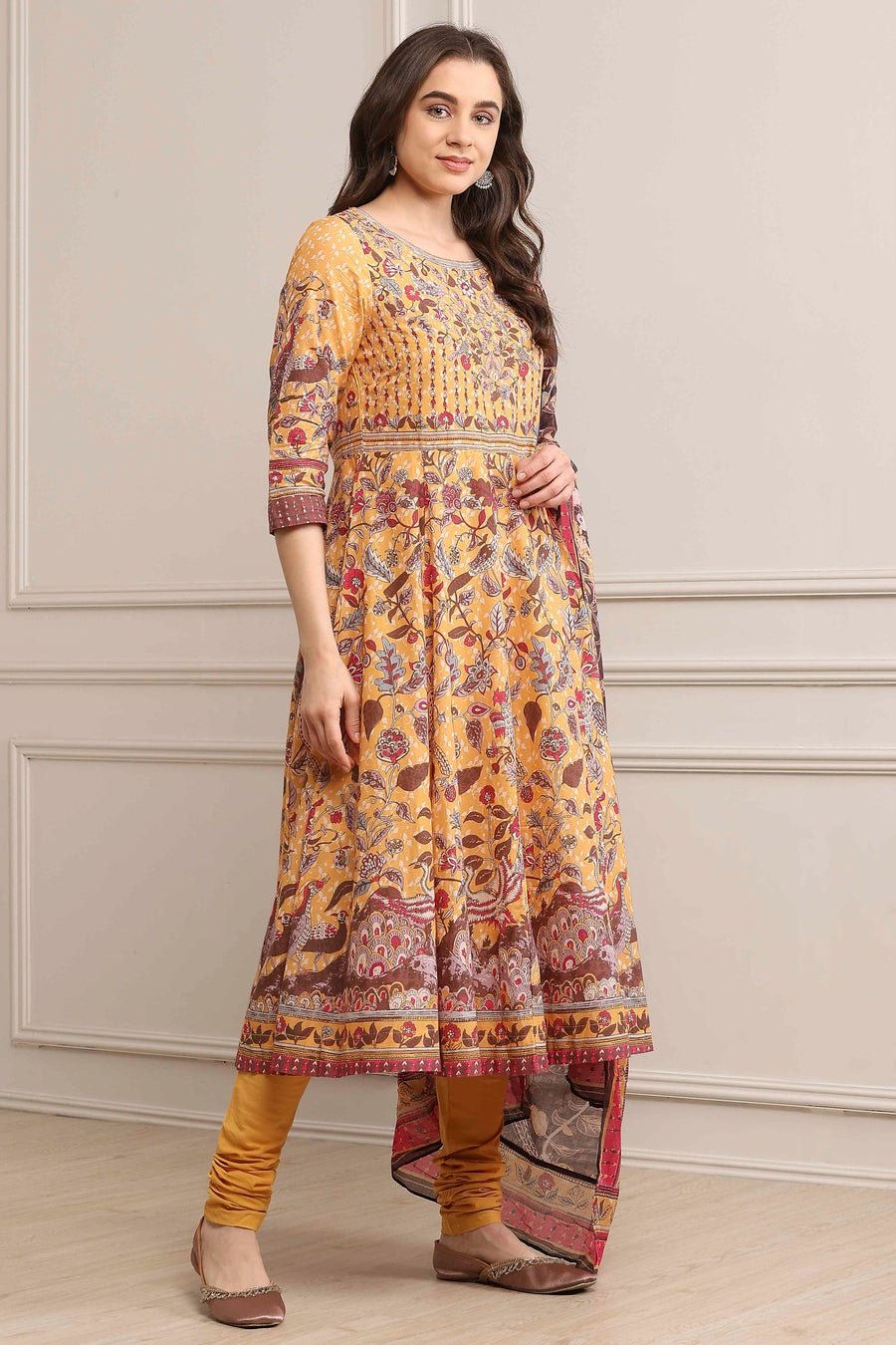 Yellow Cotton Anarkali Kurta Churidar Suit Set A34