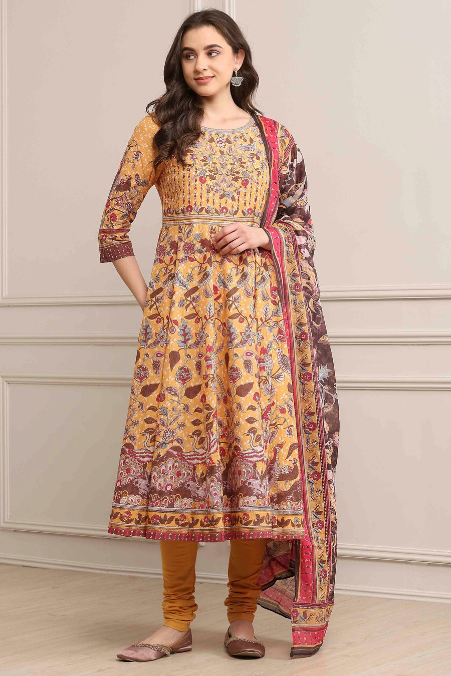 Yellow Cotton Anarkali Kurta Churidar Suit Set A34