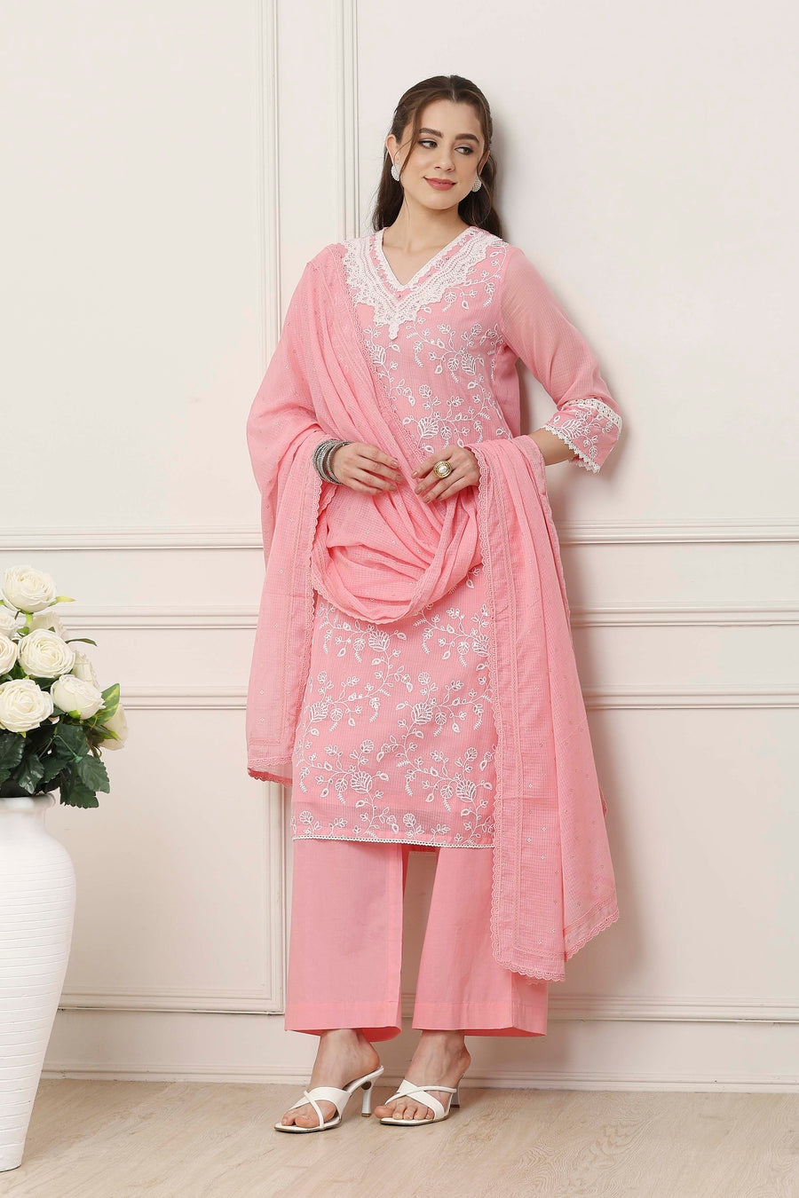 Pink & White Cotton Floral Embroidered Straight Suit Set KS60