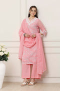 Pink & White Cotton Floral Embroidered Straight Suit Set KS60