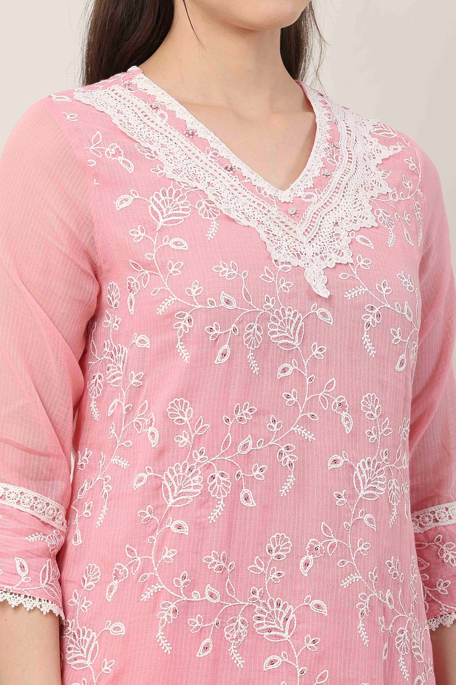 Pink & White Cotton Floral Embroidered Straight Suit Set KS60