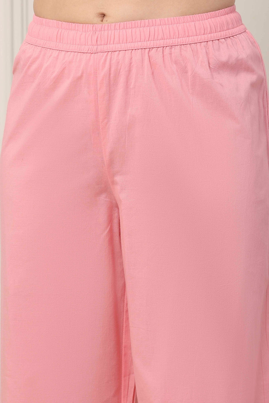 Pink & White Cotton Floral Embroidered Straight Suit Set KS60