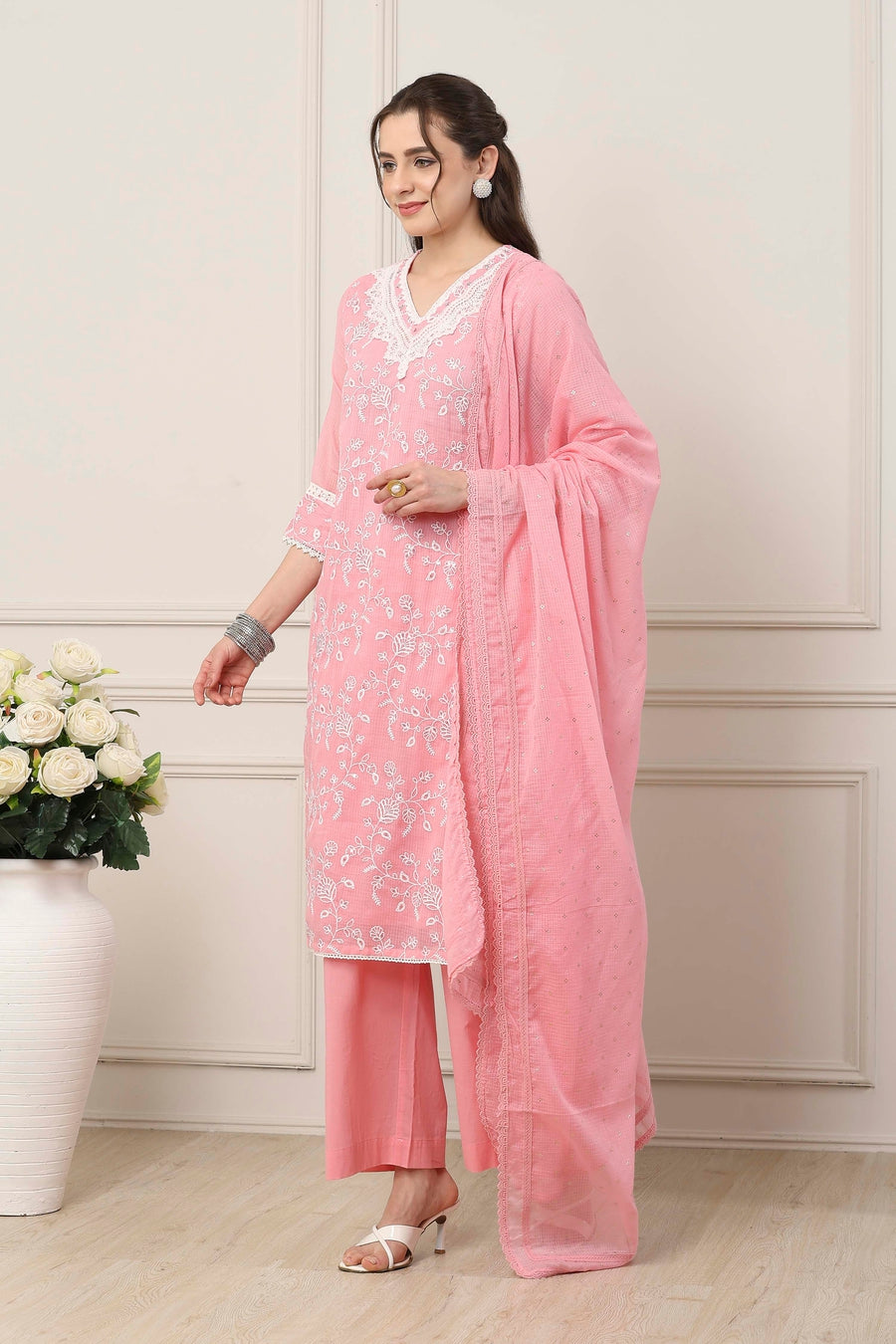 Pink & White Cotton Floral Embroidered Straight Suit Set KS60
