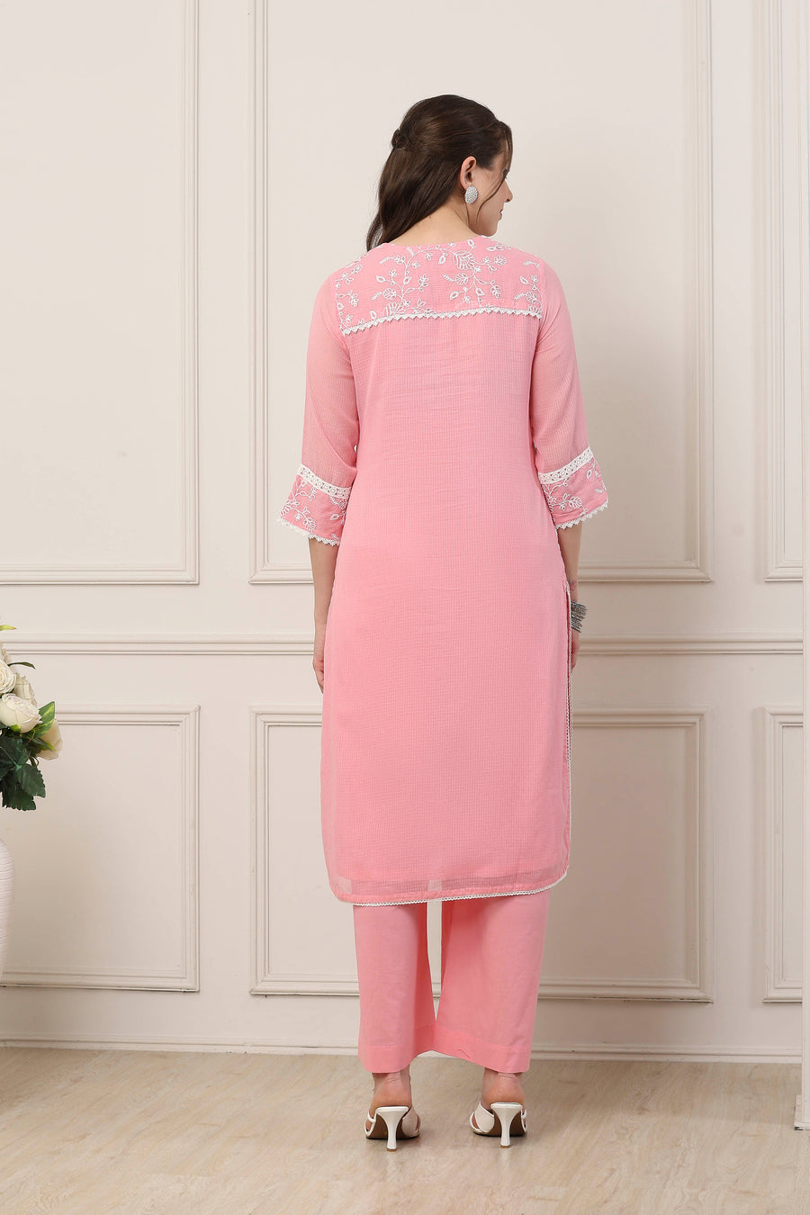 Pink & White Cotton Floral Embroidered Straight Suit Set KS60