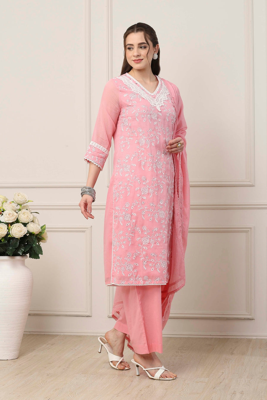 Pink & White Cotton Floral Embroidered Straight Suit Set KS60