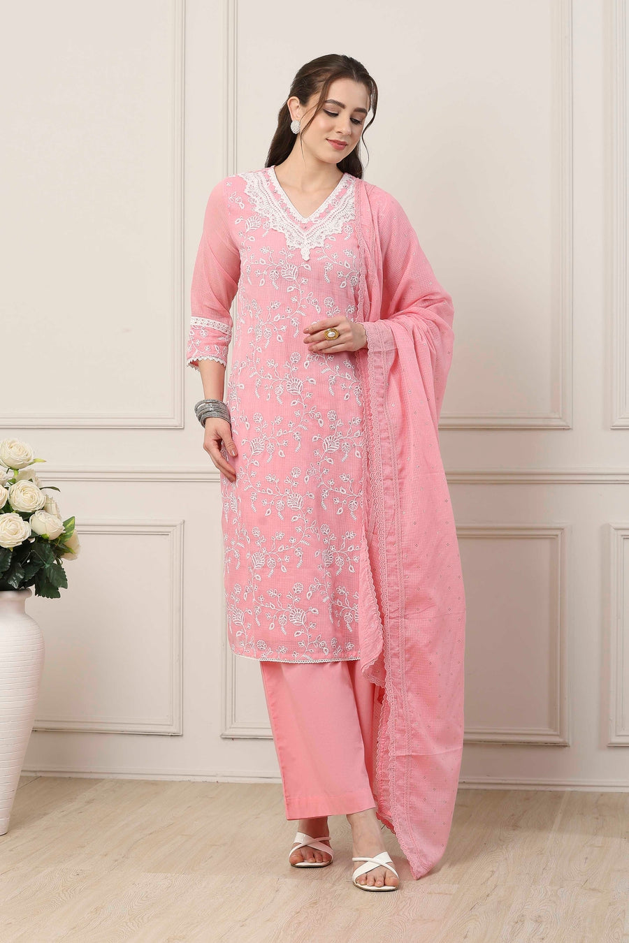 Pink & White Cotton Floral Embroidered Straight Suit Set KS60