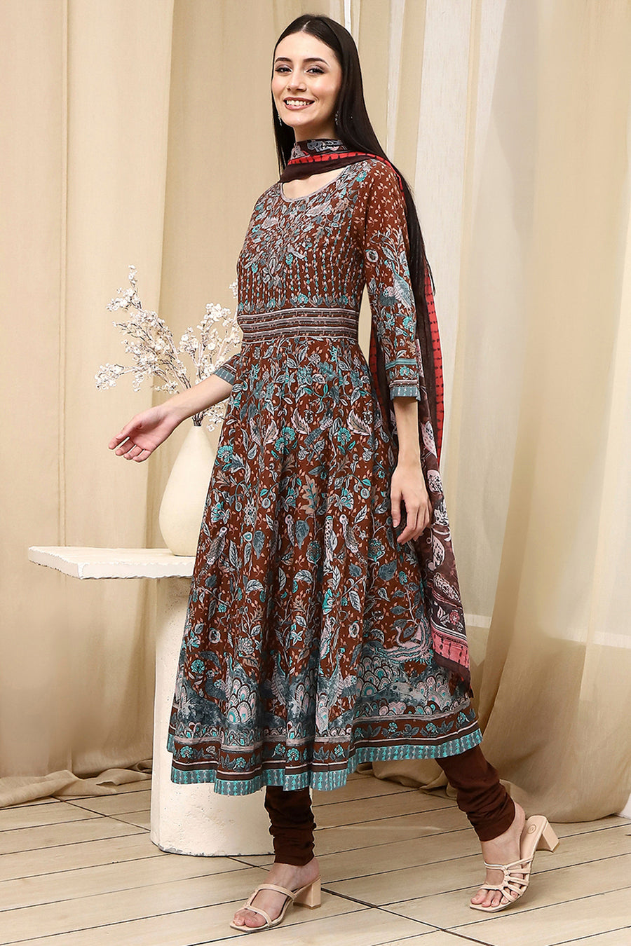 Brown Cotton Fitted Anarkali Suit Set A34