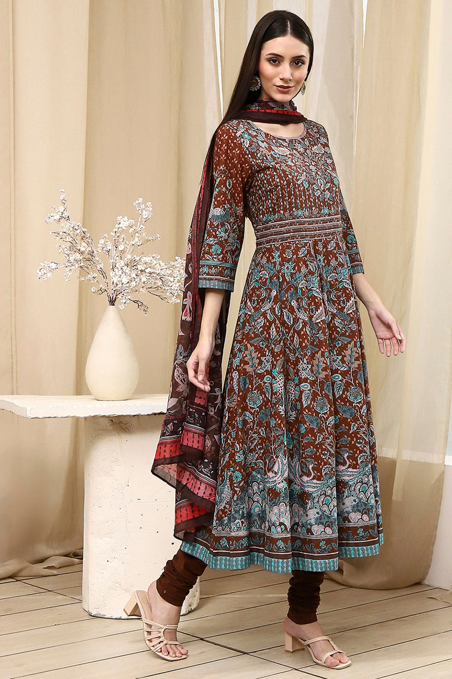 Brown Cotton Fitted Anarkali Suit Set A34
