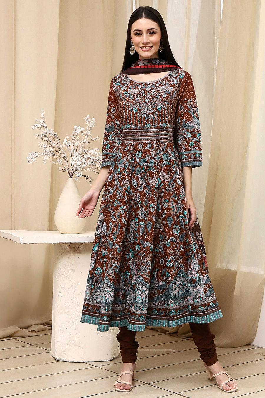 Brown Cotton Fitted Anarkali Suit Set A34