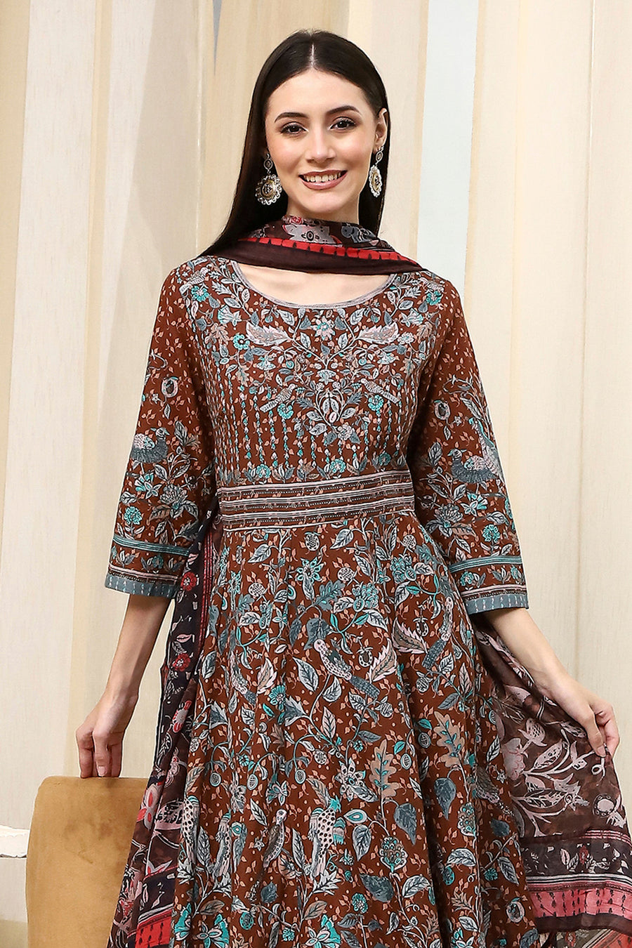 Brown Cotton Fitted Anarkali Suit Set A34