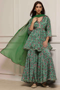 Green Art Silk Floral Printed Gathered Garara Set KS60
