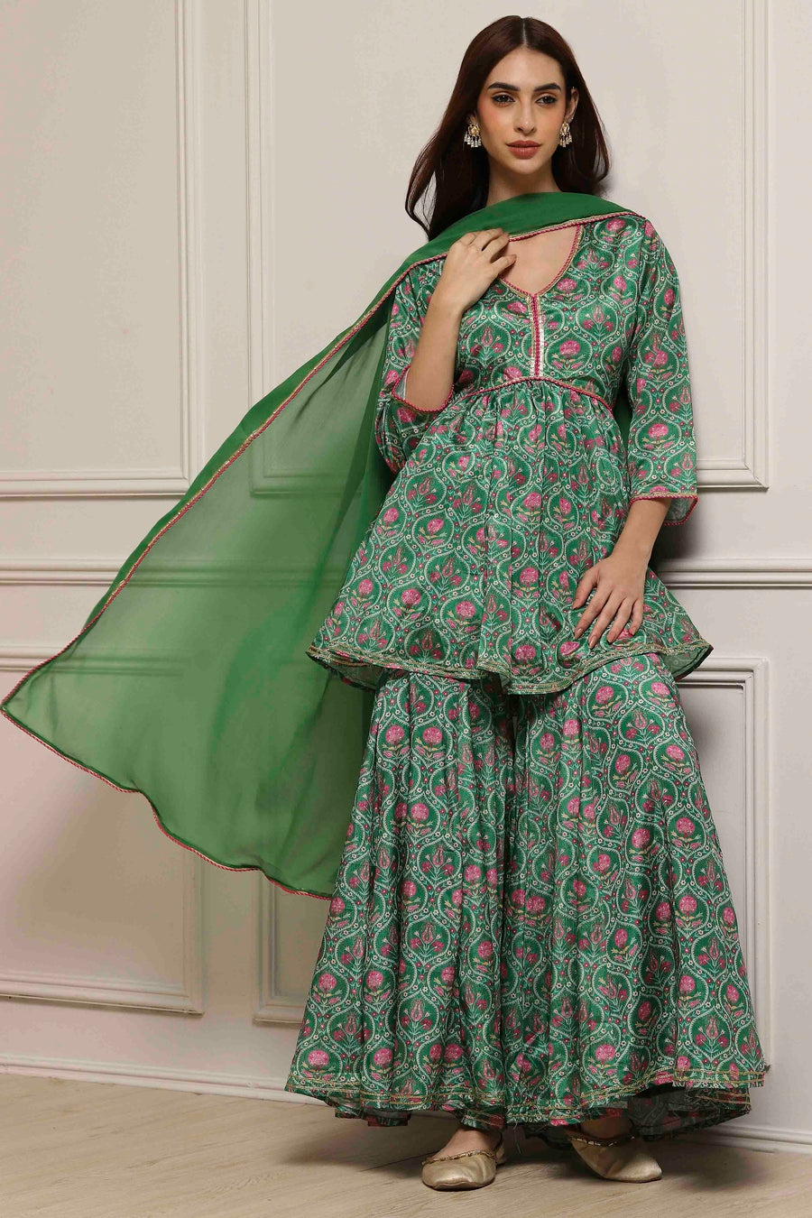 Green Art Silk Floral Printed Gathered Garara Set KS60