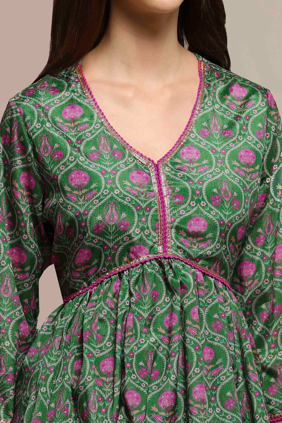 Green Art Silk Floral Printed Gathered Garara Set KS60