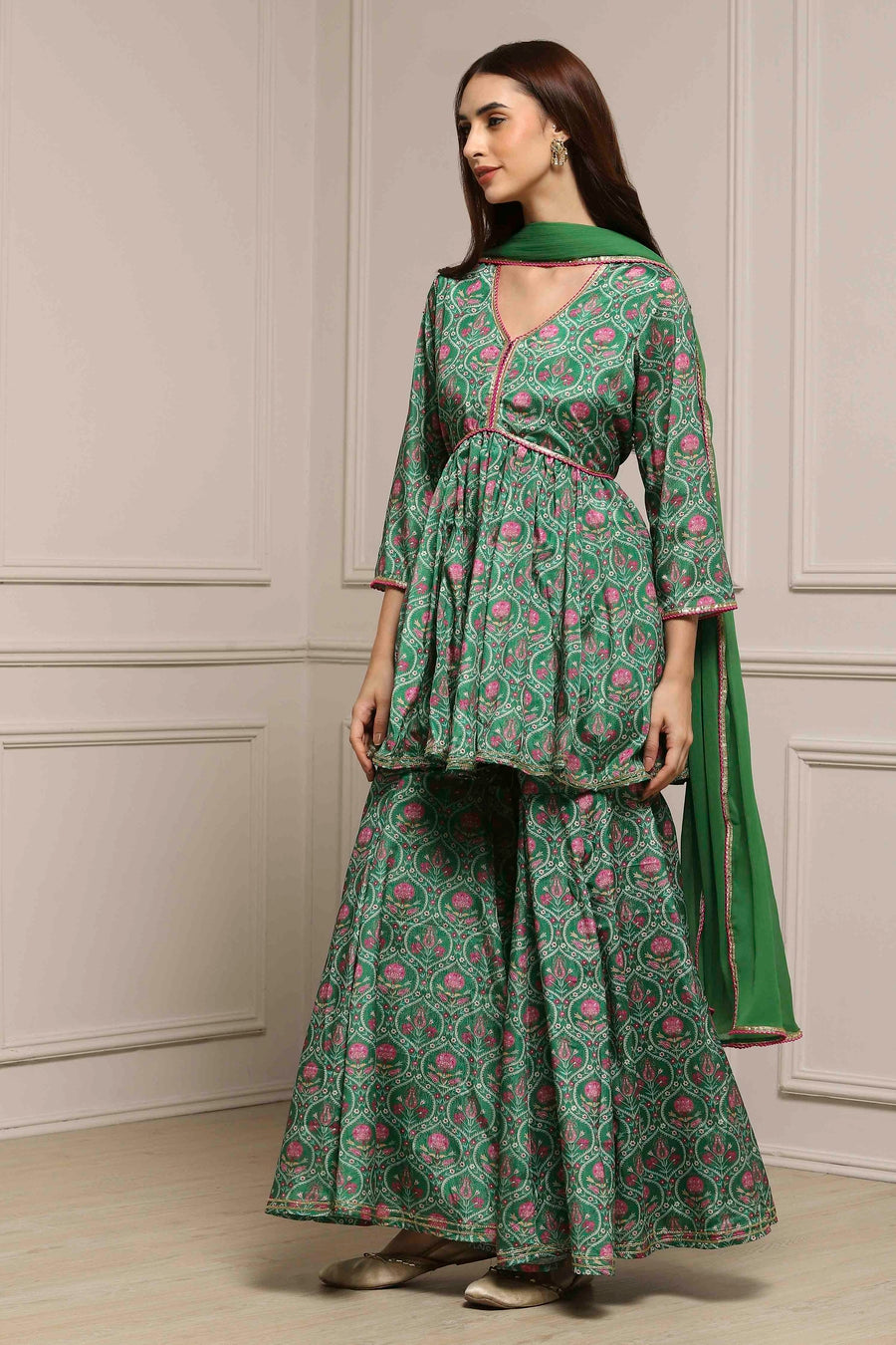 Green Art Silk Floral Printed Gathered Garara Set KS60