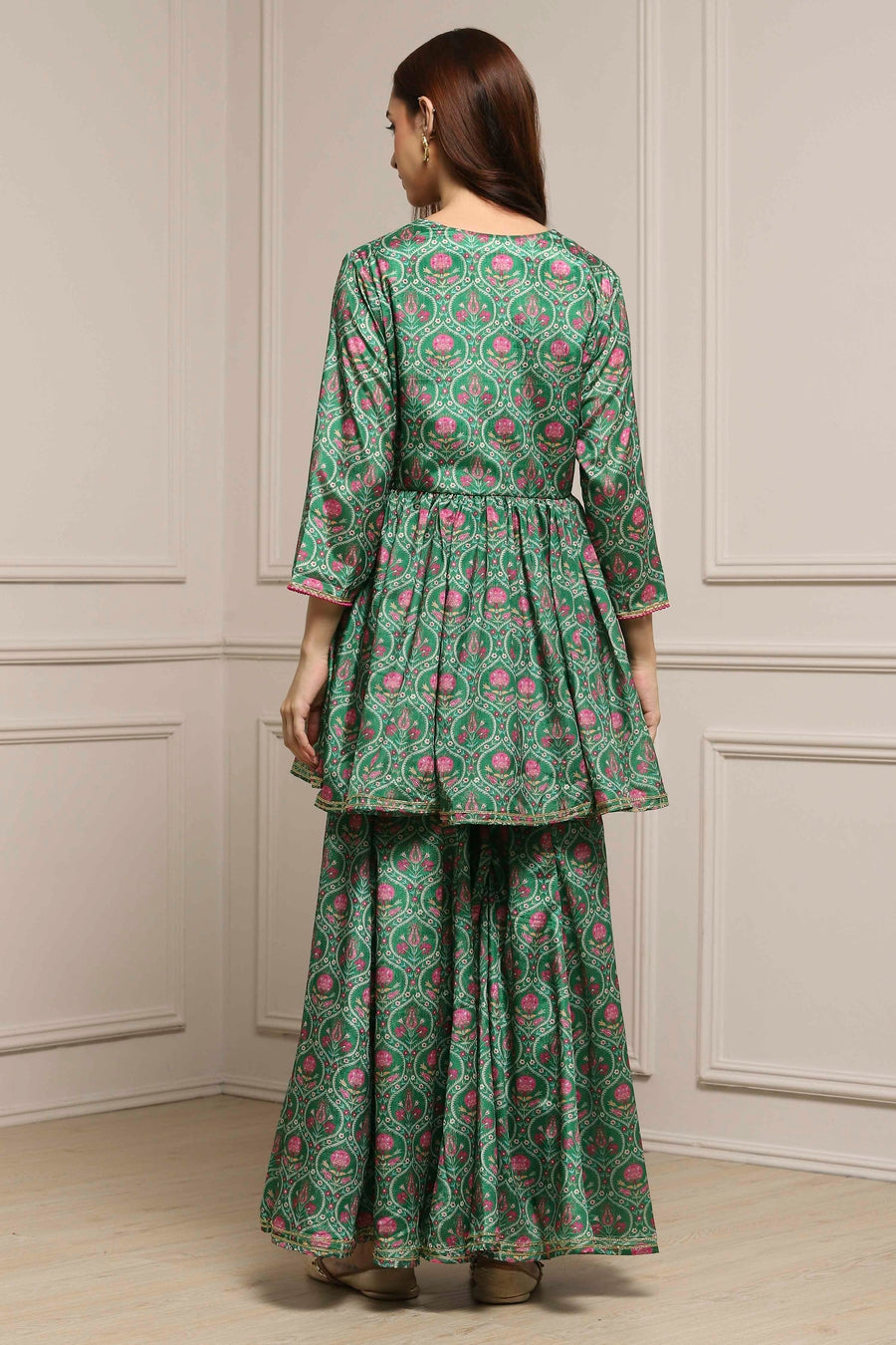 Green Art Silk Floral Printed Gathered Garara Set KS60