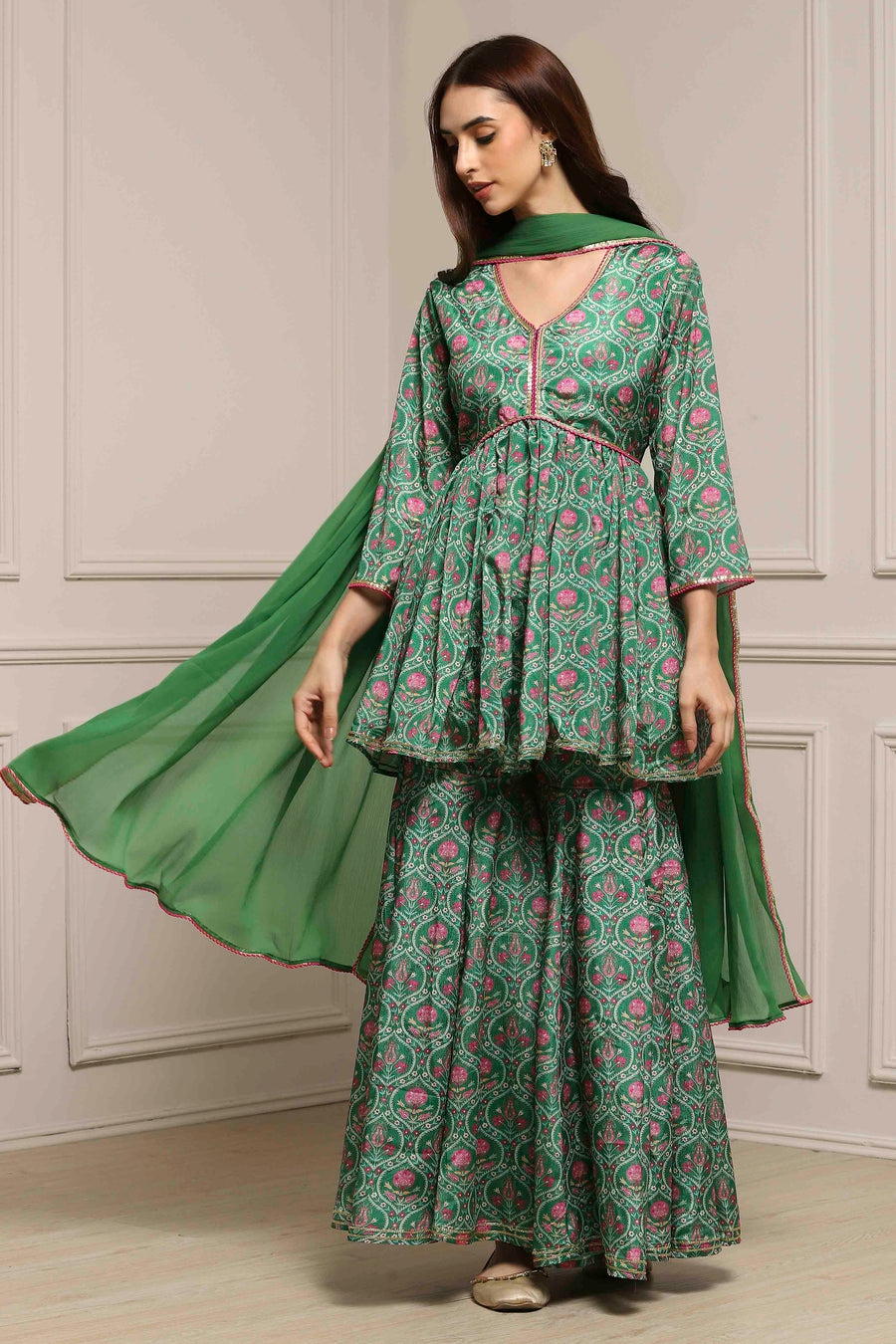 Green Art Silk Floral Printed Gathered Garara Set KS60