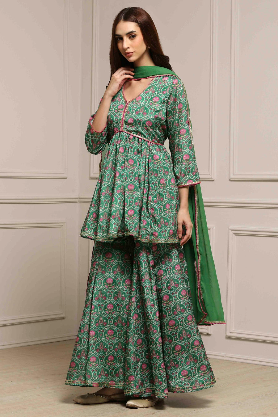 Green Art Silk Floral Printed Gathered Garara Set KS60