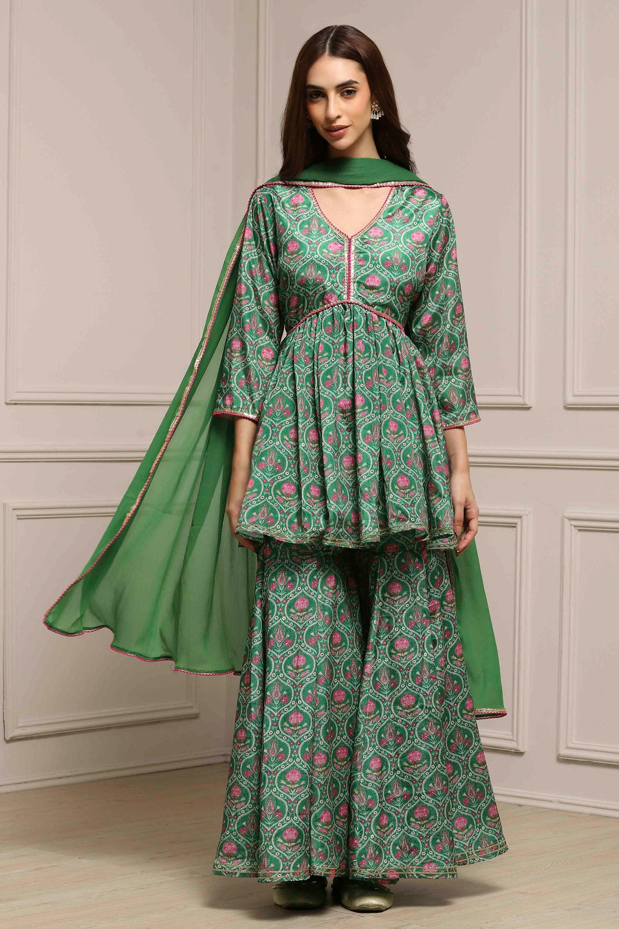 Green Art Silk Floral Printed Gathered Garara Set KS60
