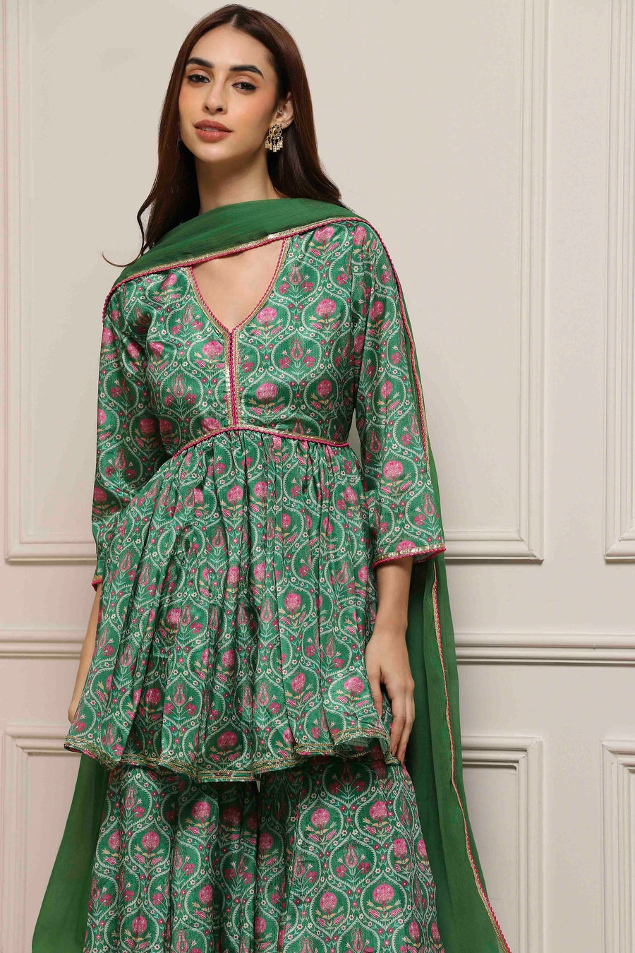 Green Art Silk Floral Printed Gathered Garara Set KS60