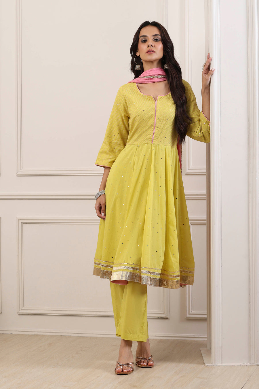 Yellow Cotton Thread Work Anarkali Suit Set A34