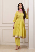 Yellow Cotton Thread Work Anarkali Suit Set A34
