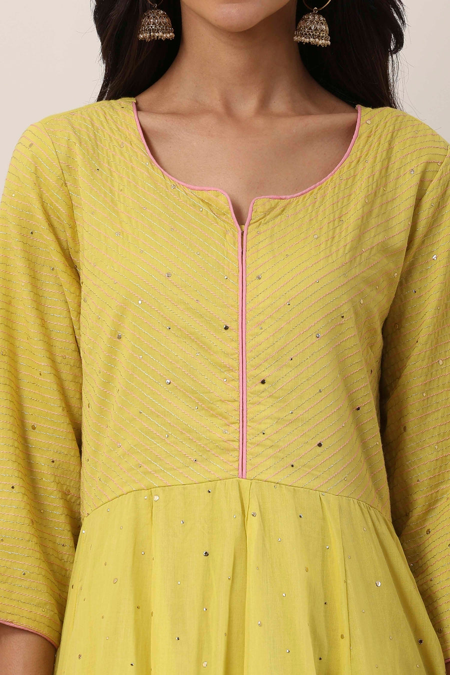 Yellow Cotton Thread Work Anarkali Suit Set A34