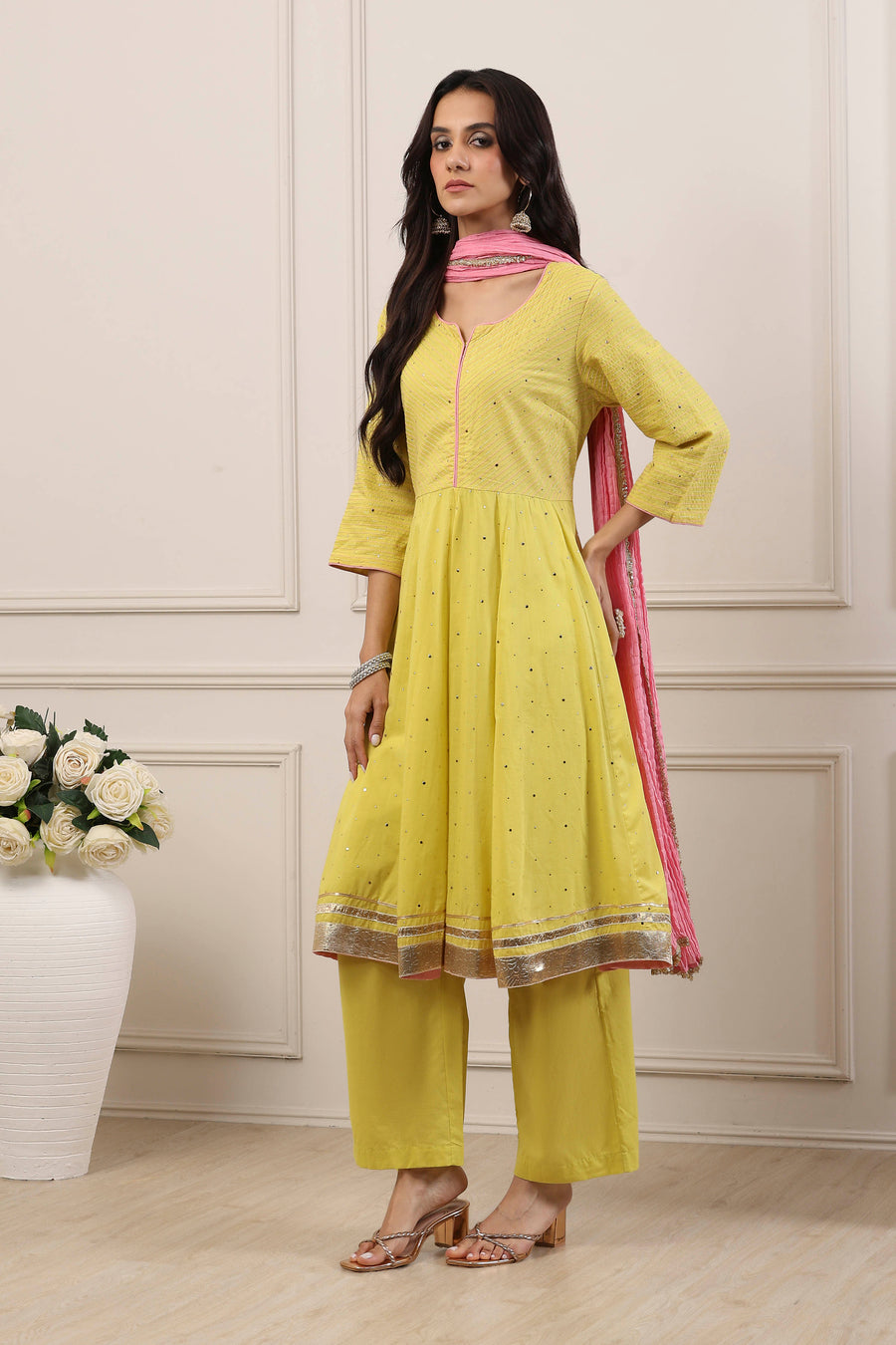 Yellow Cotton Thread Work Anarkali Suit Set A34