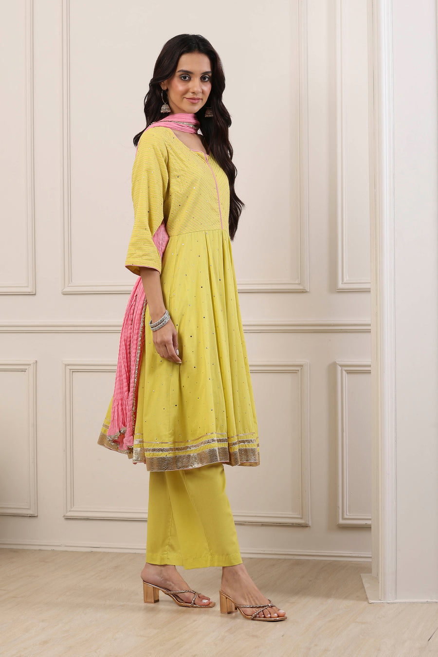 Yellow Cotton Thread Work Anarkali Suit Set A34