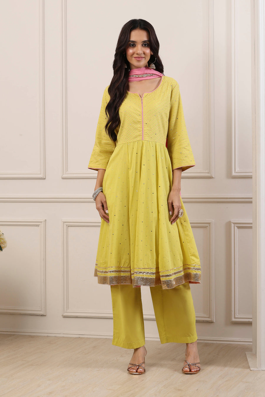 Yellow Cotton Thread Work Anarkali Suit Set A34