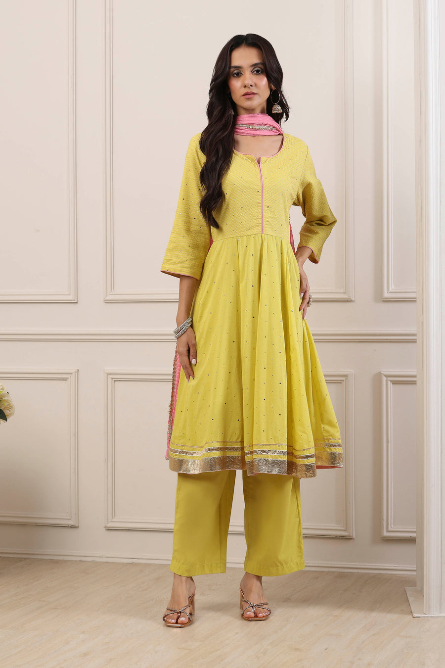 Yellow Cotton Thread Work Anarkali Suit Set A34