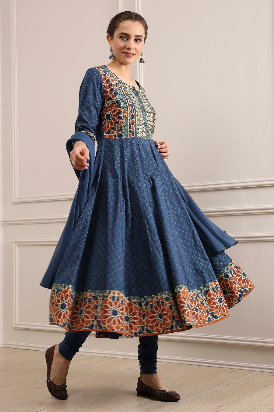 Indigo Cotton Printed Anarkali Suit Set A34
