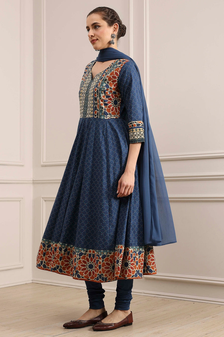 Indigo Cotton Printed Anarkali Suit Set A34