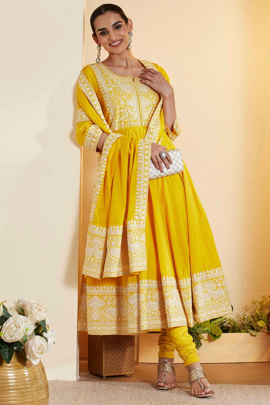Yellow Cotton Floral Printed Anarkali Kurta Set A34