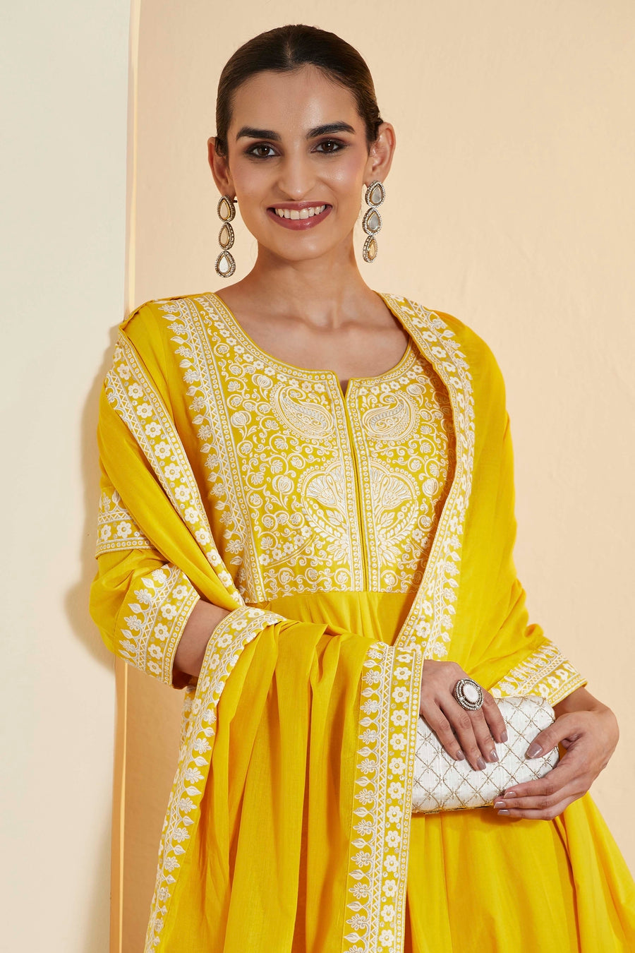 Yellow Cotton Floral Printed Anarkali Kurta Set A34