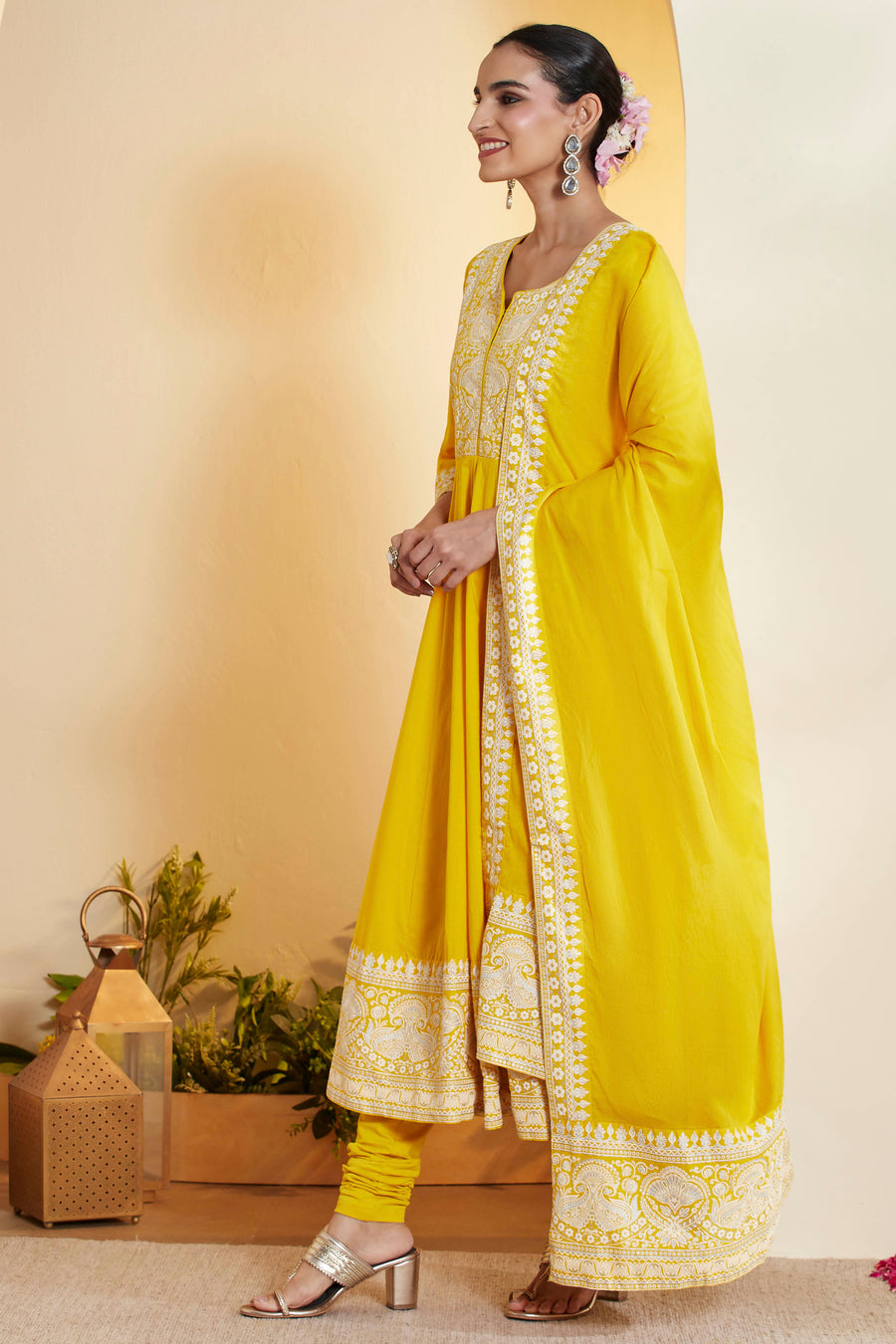 Yellow Cotton Floral Printed Anarkali Kurta Set A34