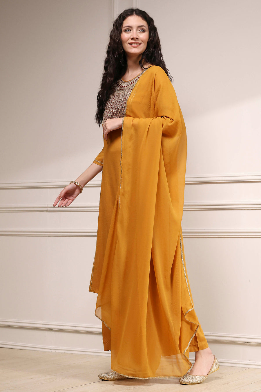 Mustard Yellow Solid A-Line Suit Set KS60