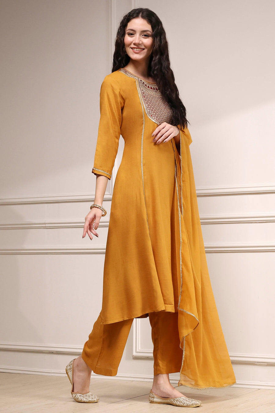 Mustard Yellow Solid A-Line Suit Set KS60