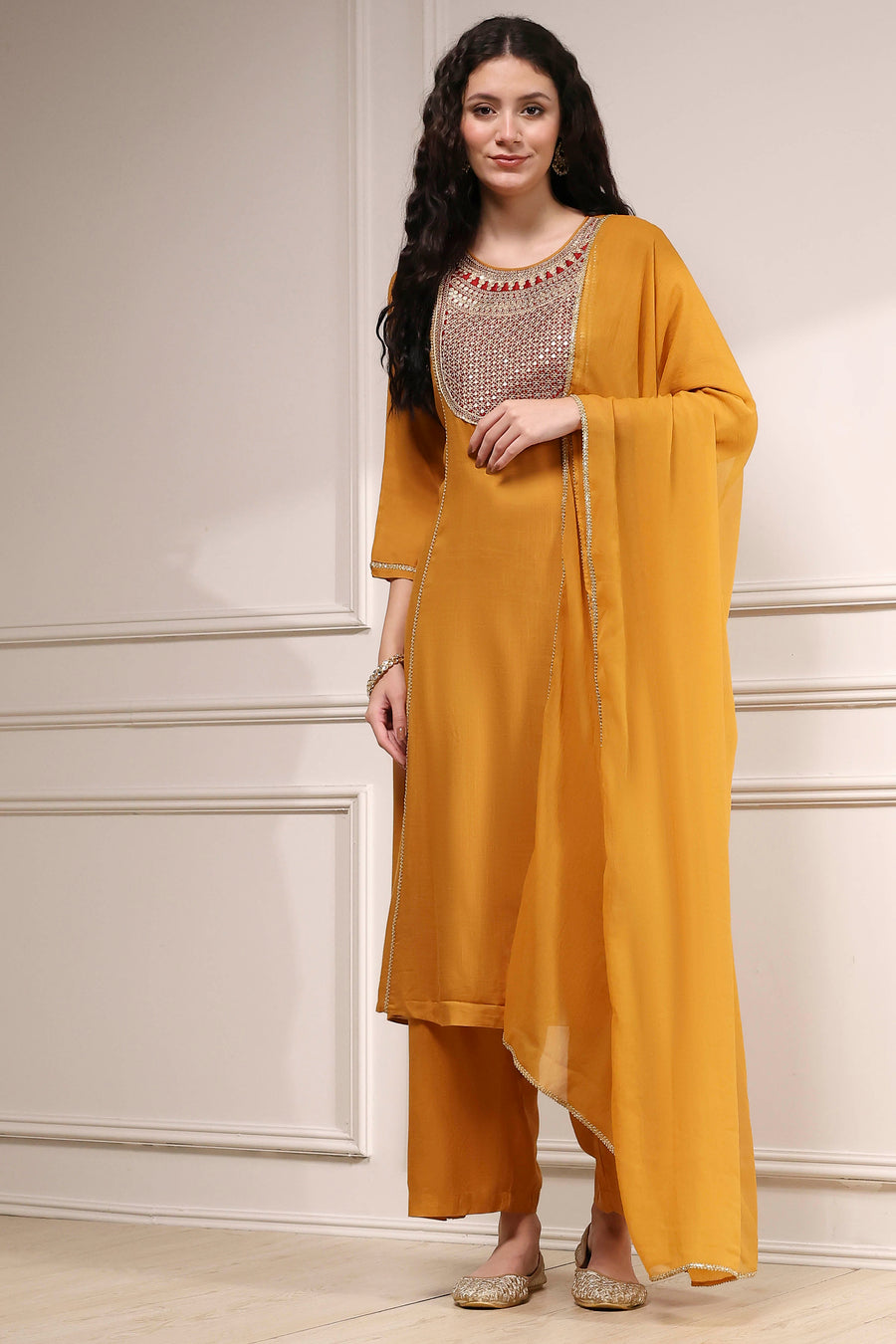 Mustard Yellow Solid A-Line Suit Set KS60