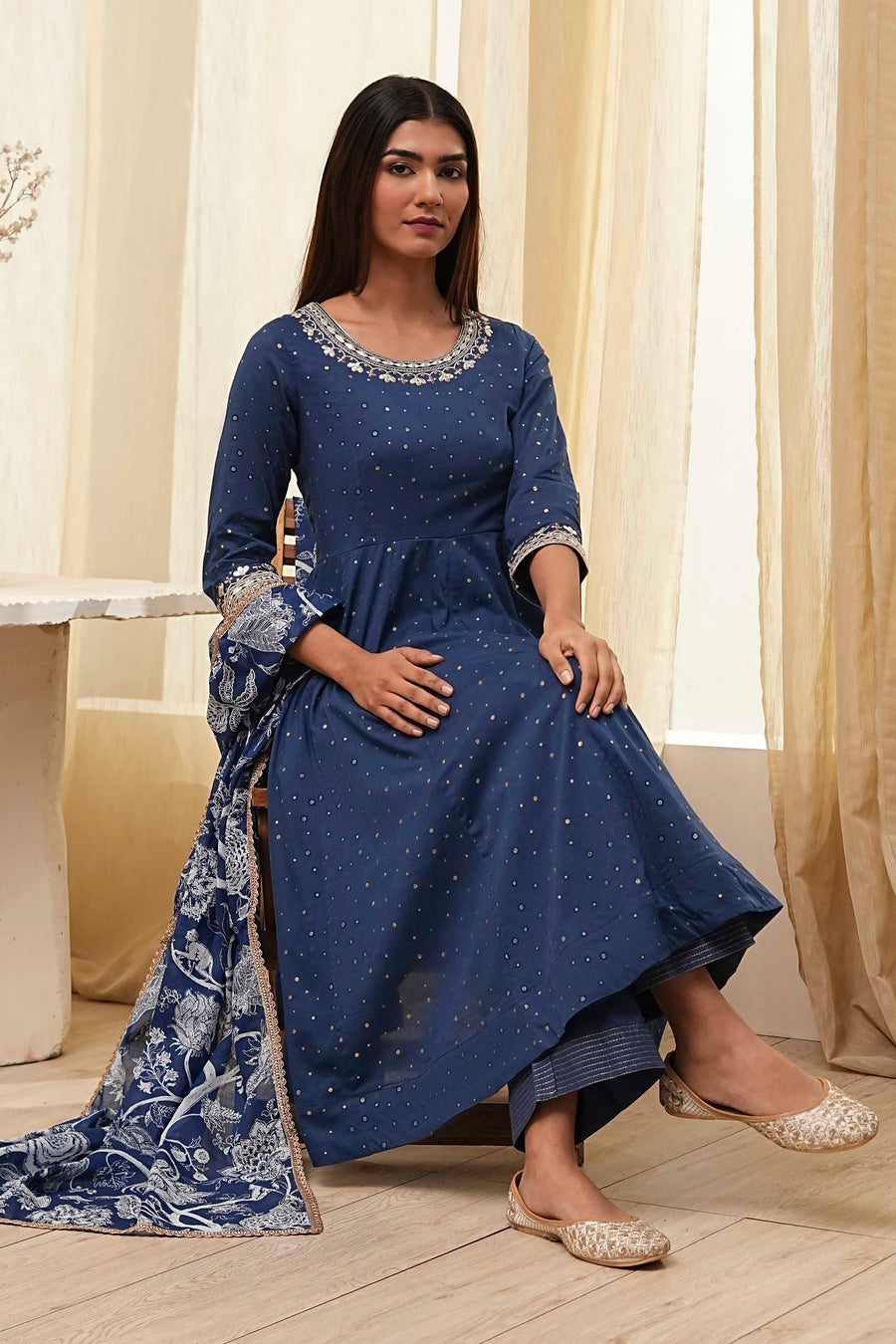 Blue Cotton Foil Printed Anarkali Suit Set A34