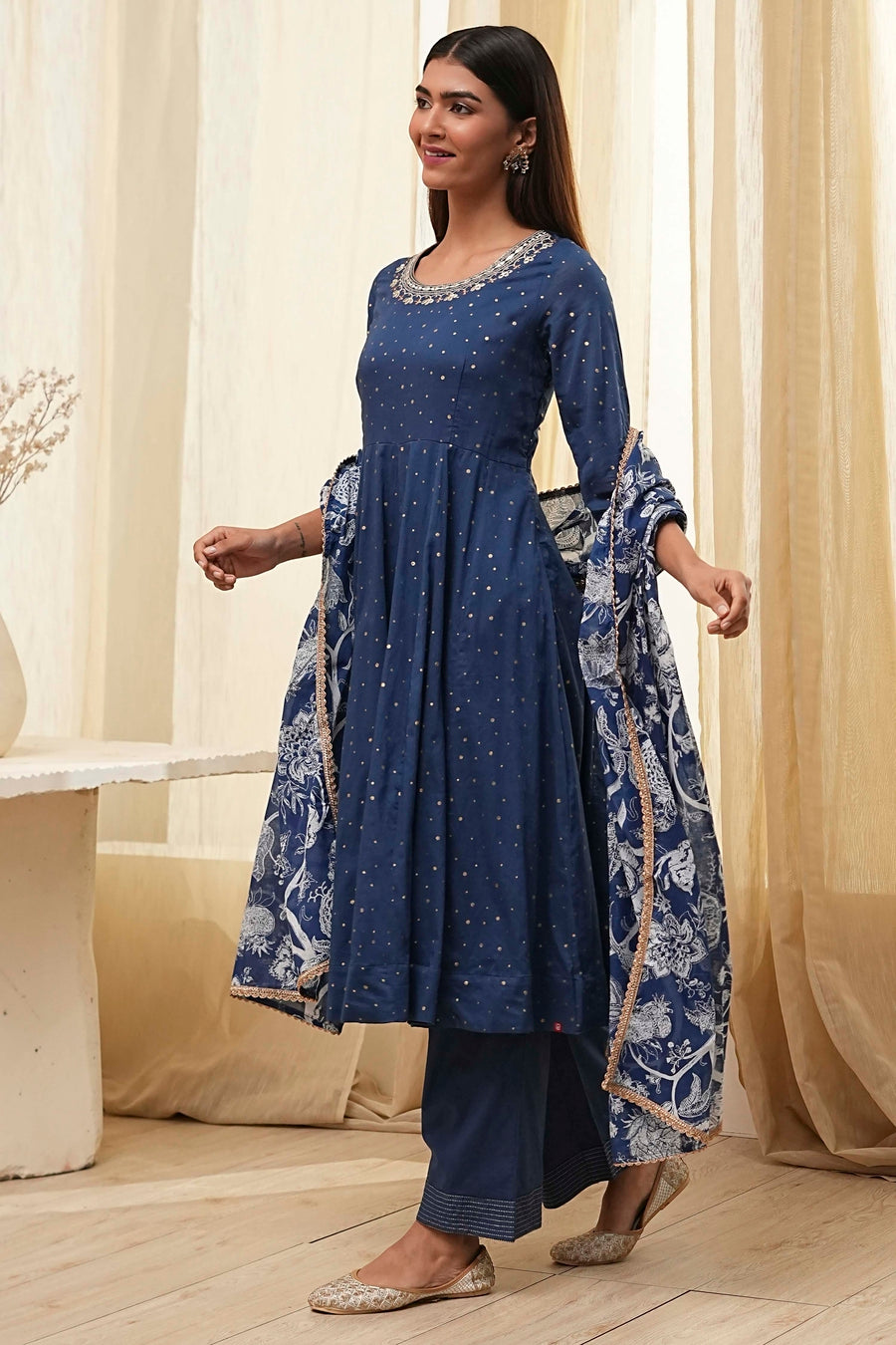 Blue Cotton Foil Printed Anarkali Suit Set A34