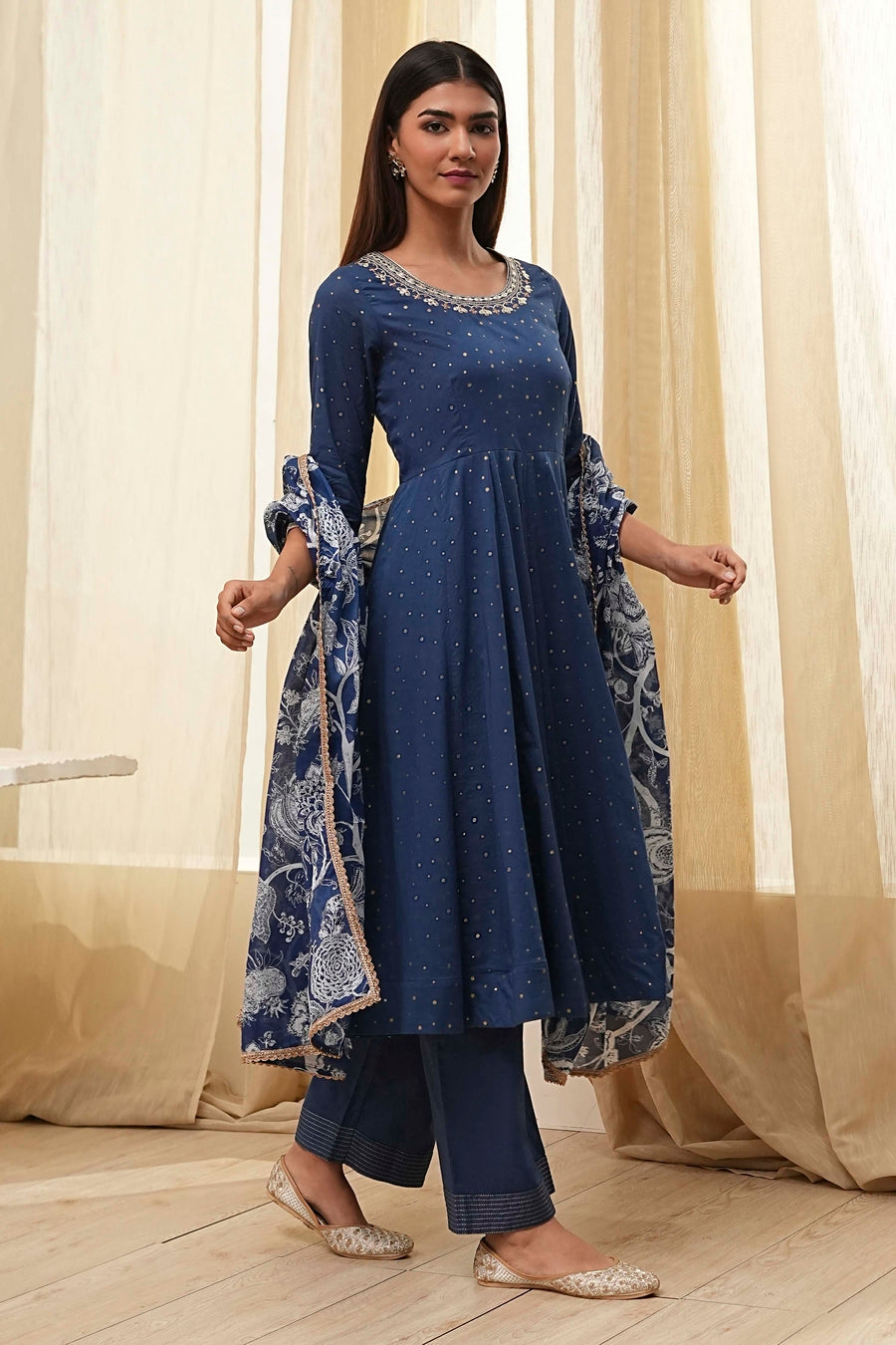 Blue Cotton Foil Printed Anarkali Suit Set A34