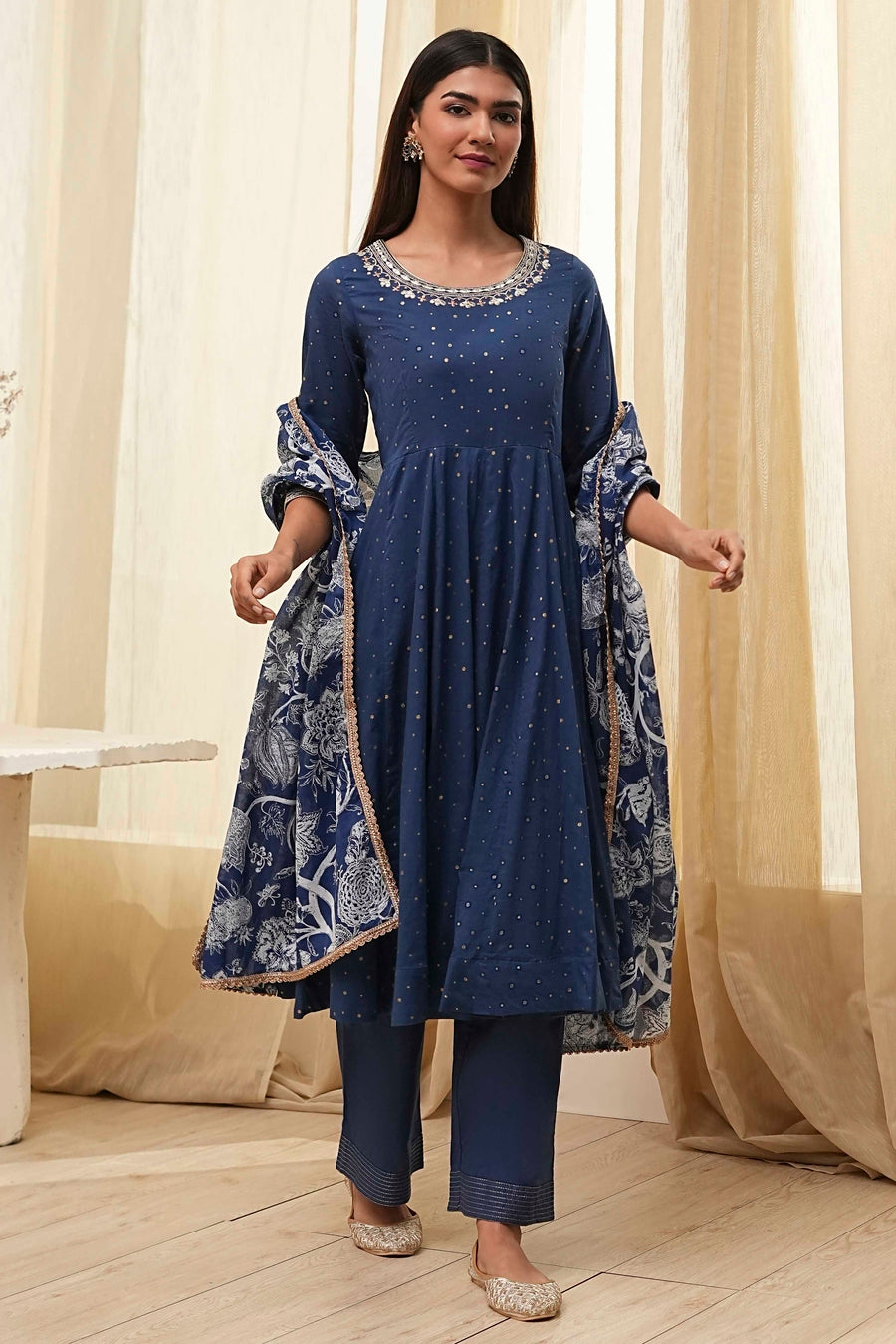 Blue Cotton Foil Printed Anarkali Suit Set A34