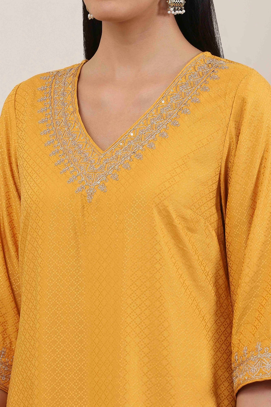 Yellow Minimal Embroidered Straight Suit Set KS60