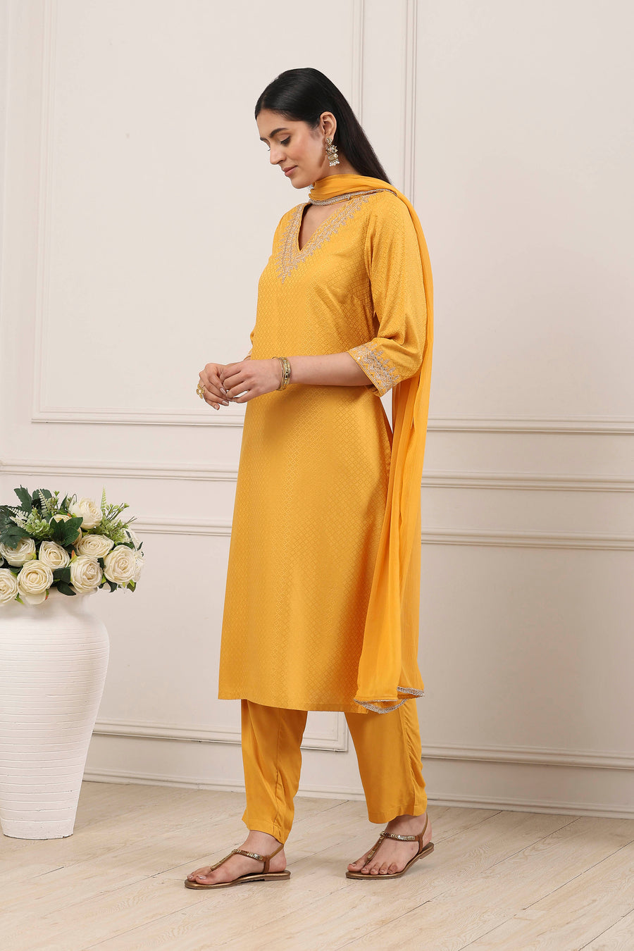 Yellow Minimal Embroidered Straight Suit Set KS60