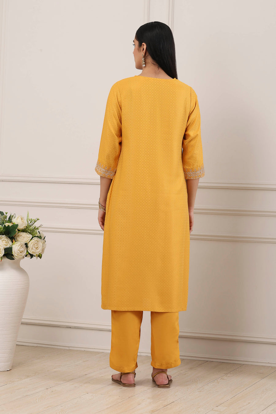 Yellow Minimal Embroidered Straight Suit Set KS60
